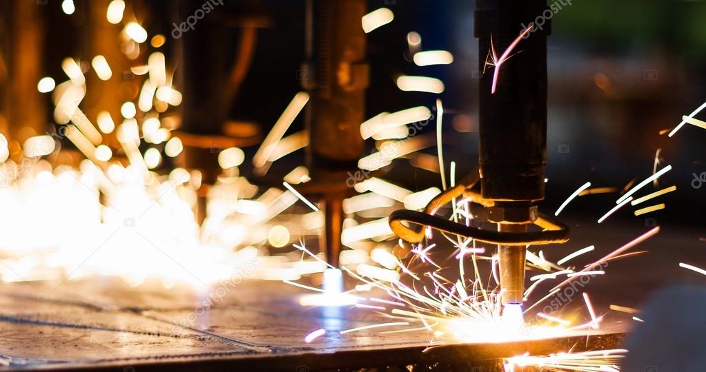 CNC LPG cutting with sparks close up