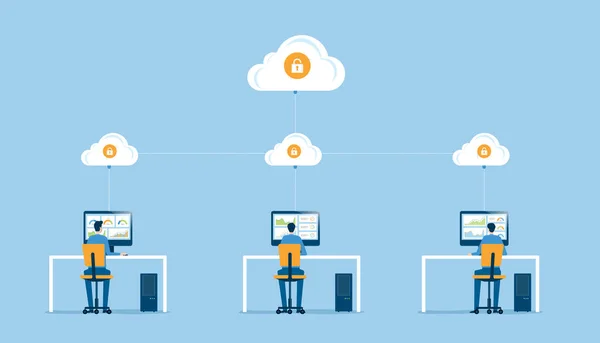 ビジネステクノロジークラウドストレージとクラウドサーバーサービスの接続コンセプト管理者と開発者とワークステーションの概念に取り組む — ストックベクタ