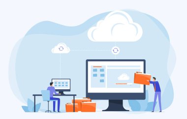 Business Flat vektör tasarım teknolojisi dosyası sunucu depolama konseptine yedekleme yükle. Bilgisayar monitörüyle çalışan takım yöneticisi ve geliştiricisi. Çizgi film karakteri tasarımı
