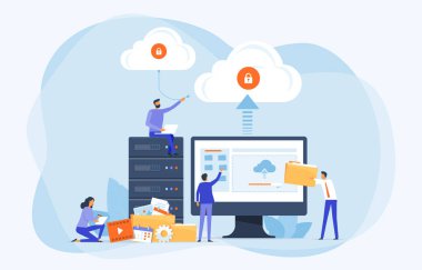 Business Flat vektör tasarım teknolojisi dosyası sunucu depolama konseptine yedekleme yükle. Bilgisayar monitörüyle çalışan takım yöneticisi ve geliştiricisi. Çizgi film karakteri tasarımı