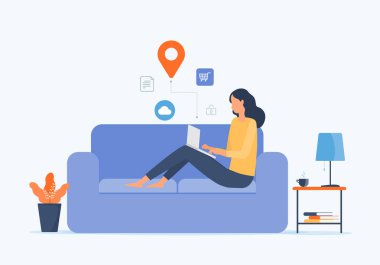 Sabit vektör işadamları ev işyerlerinden kanepe konsepti ve iş zekası üzerine çalışır. Herhangi bir iş yerinde uzaktan teknoloji çalışma kavramı olan herhangi bir yerde çalışır.