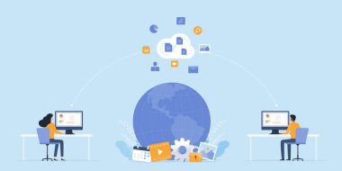 business flat vektör tasarımı internet kablosuz internet üzerinden çalışan ve bulut hesaplama sunucusu kavramı üzerinde çalışan insanlar