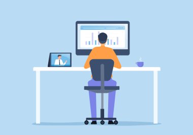 Düz vektör iş adamı bilgisayar ve tasarım teknolojisi üzerinde çalışıyor. Çevrimiçi bağlantı kavramında çalışıyor.