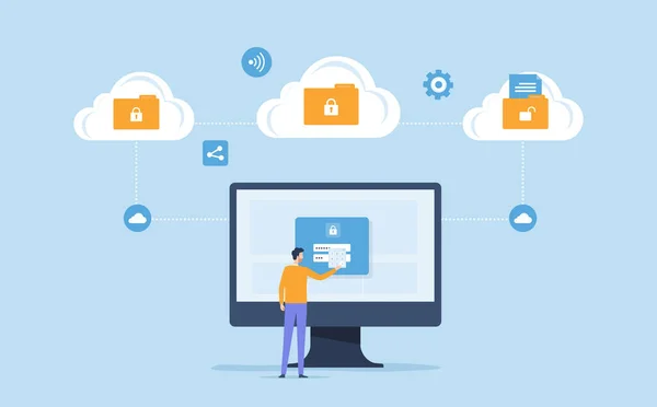 Seguridad Red Servidores Almacenamiento Nube Empresarial Con Contraseña Acceso Administración — Vector de stock