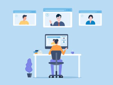 Düz vektörlü iş adamları, uzak teknolojiyle buluşmak için online internet video konferansı düzenliyor ve insanlar evlerinden çalışıyor ve her yerde online bağlantı kavramı üzerinde çalışıyorlar.
