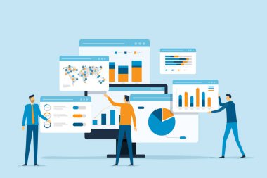 Ticari ekip analizleri ve web raporunun gösterge paneli izleme konsepti ve düz vektör tasarım veri analizi iş finansmanı planlaması araştırmaları.