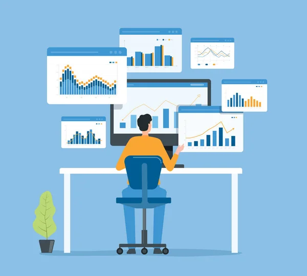 Flache Geschäftsleute Analysieren Und Überwachen Investitions Und Finanzberichtsdiagramm Auf Monitorkonzept — Stockvektor