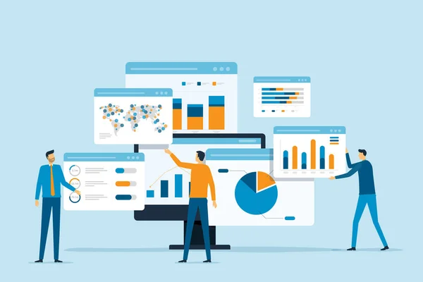 Business Team Analytics Monitoring Web Rapport Dashboard Monitor Concept Platte — Stockvector