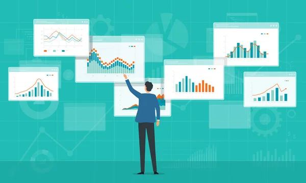 Flache Geschäftsleute Analysieren Und Überwachen Investitions Und Finanzberichtsdiagramm Auf Monitorkonzept — Stockvektor