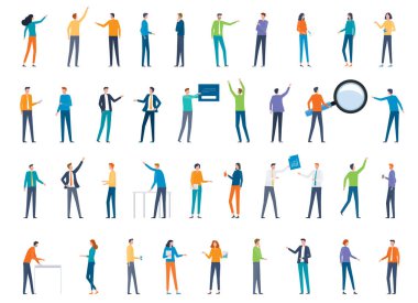 İş adamları işçi takımı çizgi film karakteri farklı aksiyon sonrası dizaynı. Düz vektör illüstrasyonu.