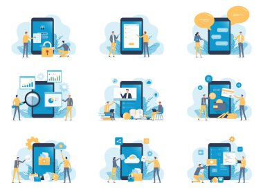 Vektör iş illüstrasyon tasarımı web sayfası iniş pankartı seti. Cep telefonu uygulaması üzerinde çalışan iş adamları. Yatırım eğitimi mobil bankacılık bulut sunucusu kavramı 