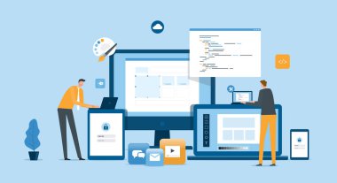 düz vektör mobil uygulama tasarımı ve web tasarımı çalışma süreci konsepti tasarımcı ve geliştirici takım çalışma konsepti ile