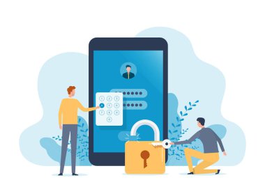 Veri hesabını korumak için güvenlik sistemi ve giriş yapan cep telefonu uygulaması için kullanıcı anahtarı parolası ayarlayan iş geliştirici