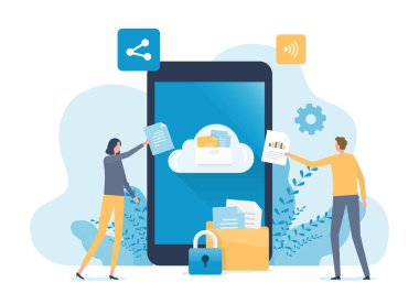 İş teknolojisi mobil bulut hesaplama hizmeti ve teknoloji dosya yedeklemesi takım yöneticisi ve geliştiricisinin çalıştığı bulut sunucusu depolama konseptine 