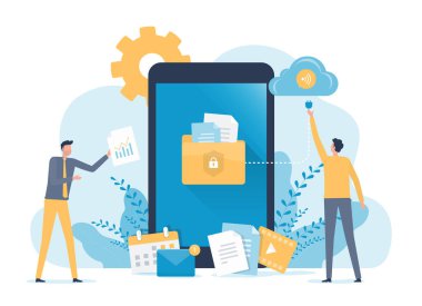 İş teknolojisi mobil bulut hesaplama hizmeti ve teknoloji dosya yedeklemesi takım yöneticisi ve geliştiricisinin çalıştığı bulut sunucusu depolama konseptine 