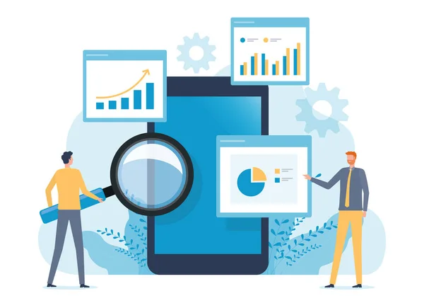 Affärsmän Analytics Och Övervakning Rapport Instrumentpanel Mobiltelefon Applikation Monitor Koncept — Stock vektor
