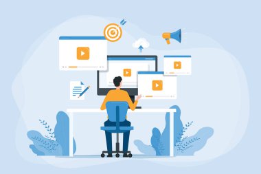 Düz vektör iş video pazarlama içeriği çevrimiçi konsept ve insanlar video oluşturup bulut sunucu konseptine yükleme