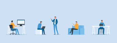 düz vektör tasarımı akıllı çalışma konsepti insanlar herhangi bir yerde teknoloji bağlantısı olan online form çalışırlar 
