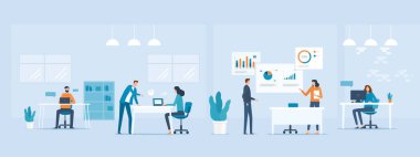 Grup iş adamları toplantısı ve ofis işyeri konseptinde iş birliği. düz vektör illüstrasyonu