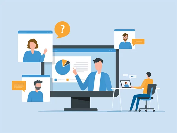 Flat Vector People Meeting Working Online Video Conference Connect Concept — Archivo Imágenes Vectoriales