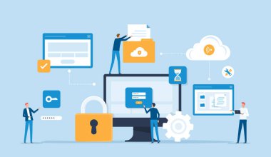 flat vector business technology document management system storage backup concept and cloud server service with administrator and developer team working concept