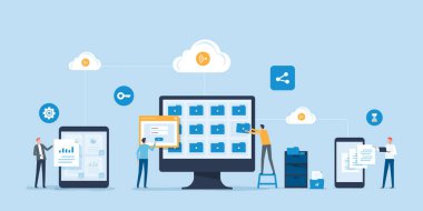 flat vector business technology document management system storage backup concept and cloud server service with administrator and developer team working concept