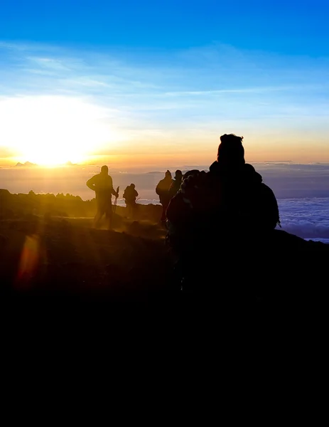 Group of Trekkers on Kilimanjaro at Sunrise — Stock Photo, Image
