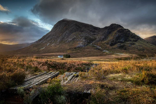 Looking towards the Lagangarbh mountain hut in Glen Coe  with the peaks of Buachaille Etive Mor in the background. Scottish Highlands