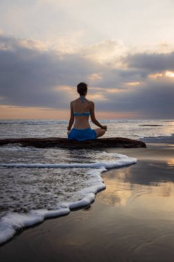 Gün batımı yogası. Lotus pozuyla taşın üzerinde oturan beyaz kadın. Padmasana. Eller Gyan Mudra 'da. Bali 'de bir sahil. Arkadan bak. Uzayı kopyala Yoga inzivası. Su yansıması. Kişisel bakım konsepti. Zen hayatı.