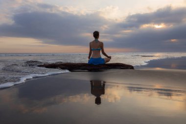 Gün batımı yogası. Lotus pozuyla taşın üzerinde oturan beyaz kadın. Padmasana. Eller Gyan Mudra 'da. Bali 'de bir sahil. Arkadan bak. Uzayı kopyala Yoga inzivası. Su yansıması. Kişisel bakım konsepti. Zen hayatı.