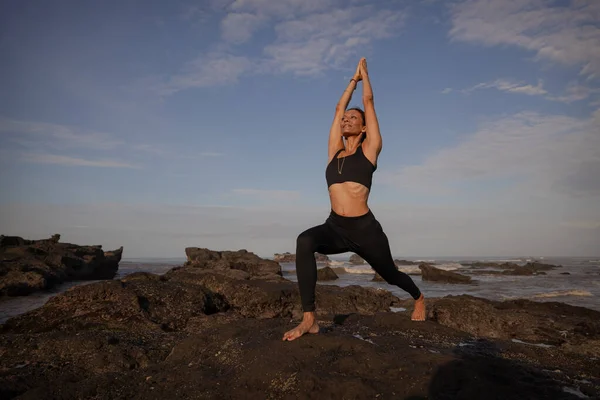 Asian Woman Practicing Virabhadrasana Warrior Pose Hands Raised Namaste Mudra — Stock Photo, Image