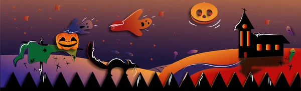 Long Picture Theme Halloween Pumpkins Ghosts Moon — 스톡 벡터