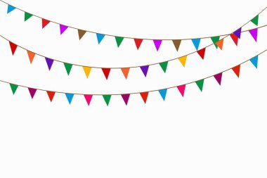 Renkli bayrakları olan bir tatil geçmişi. Renkli flamalar. Mutlu yıllar bayrakları ve çelenklerin temsilcisi