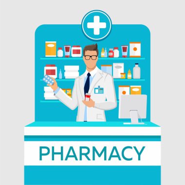 Eczanede eczane var. Eczanedeki genç adam, elinde ilaçlarla rafların önünde duruyordu. Web sitesi ve mobil uygulama için düz tasarım çizimi