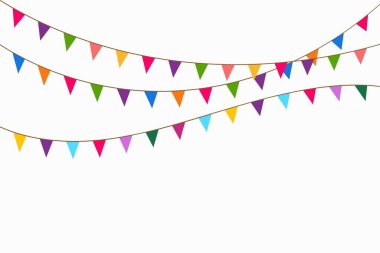 Renkli bayrakları olan bir tatil geçmişi. Renkli flamalar. Mutlu yıllar bayrakları ve çelenklerin temsilcisi