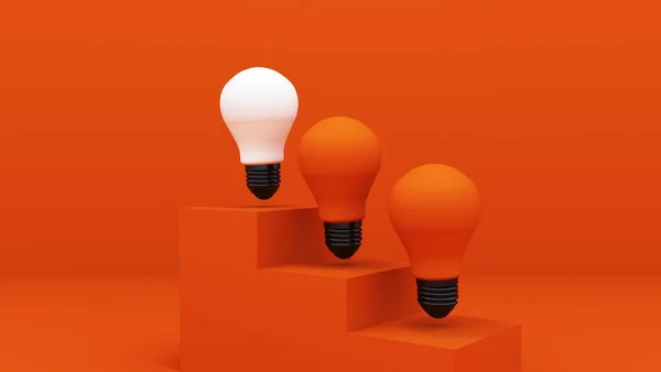 Vykreslení Žárovky Stojící Oranžových Schodech Oranžovém Pozadí Myšlenky Koncepce — Stock fotografie