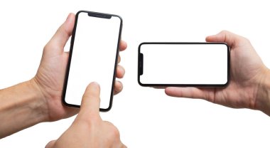 Cihaz modelleme seti, beyaz üzerinde izole edilmiş. Modern akıllı telefon ellerinde.