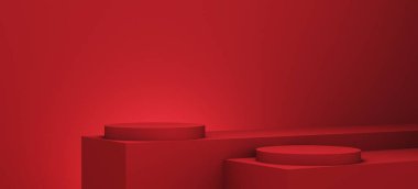 Kırmızı podyumlar. Geometrik şekilli soyut kaide sahnesi. Kozmetik ürünler sunumu için sahne. Tasarım boşluğunu düzenle. Vitrin, dükkan önü, vitrin, 3D görüntüleme
