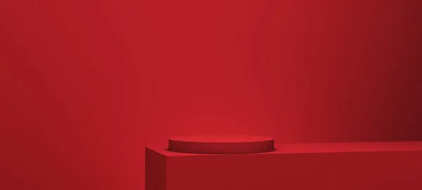 Kırmızı podyumlar. Geometrik şekilli soyut kaide sahnesi. Kozmetik ürünler sunumu için sahne. Tasarım boşluğunu düzenle. Vitrin, dükkan önü, vitrin, 3D görüntüleme