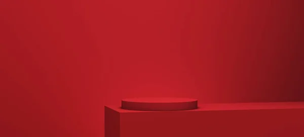 赤い表彰台だ 幾何学的な抽象的な台座のシーン 化粧品のプレゼンテーションを表示するシーン 空の空間をデザインします ショーケース ショップフロント ディスプレイケース 3Dレンダリング ロイヤリティフリーのストック写真