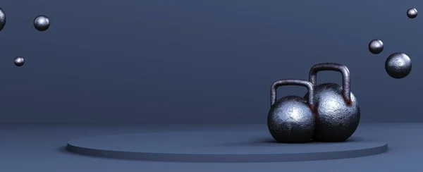 Εξοπλισμός Γυμναστικής Kettlebells Απομονώνονται Ένα Βάθρο Ένα Έγχρωμο Φόντο Απόδοση — Φωτογραφία Αρχείου