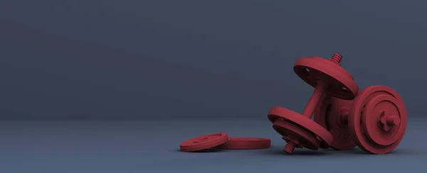 3Dレンダリング フィットネスの概念です 暗灰色の背景に赤いスポーツ用具 — ストック写真