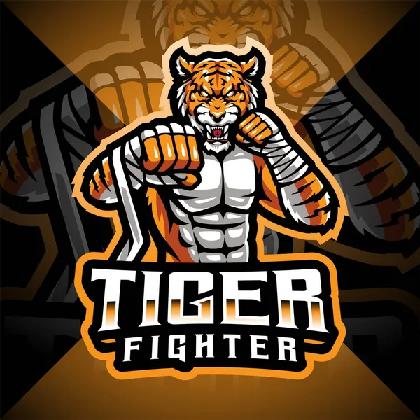 Tiger Fighter Esport Mascota Logo Design — Vector de stock