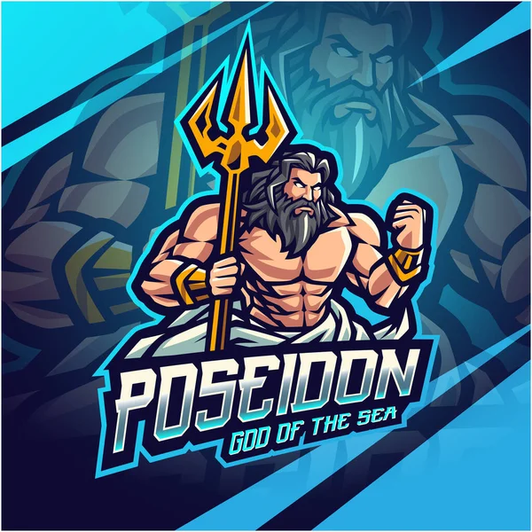 Poseidon Esport Disegno Del Logo Della Mascotte Con Arma Tridente — Vettoriale Stock