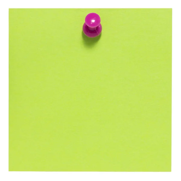 Flache grüne quadratische Haftnotiz, mit rosa Nadel, isoliert auf weißem Hintergrund — Stockfoto