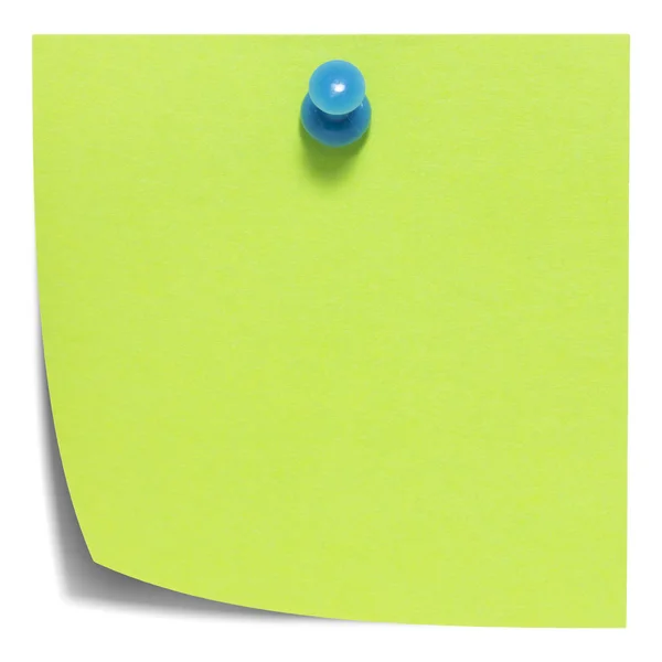 Green square sticky note, with a blue pin, isolated on white background and with shadow — Stock Photo, Image