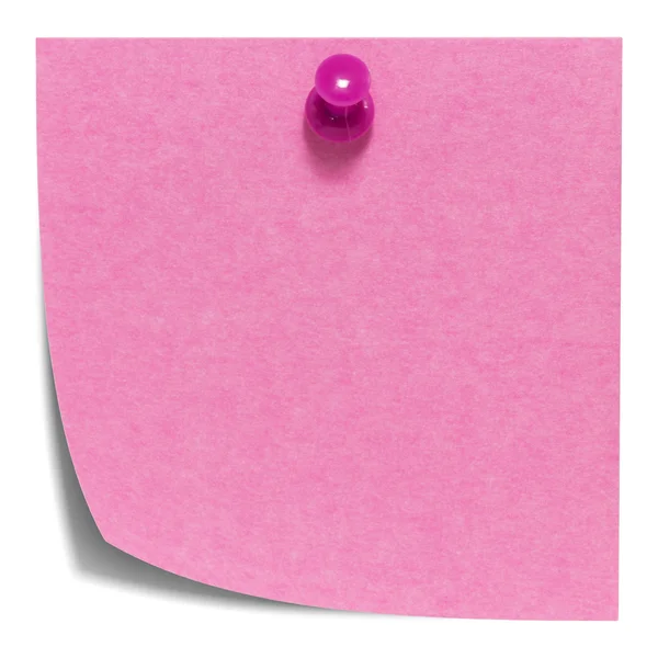 粉红色的方形粘滞便笺，用粉红色的别针，孤立在白色背景上，以影子 — 图库照片