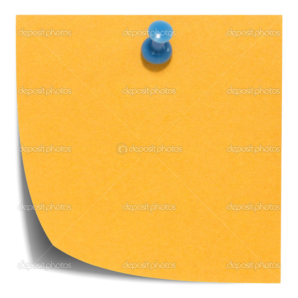 Orange square sticky note, with a blue pin, isolated on white background and with shadow