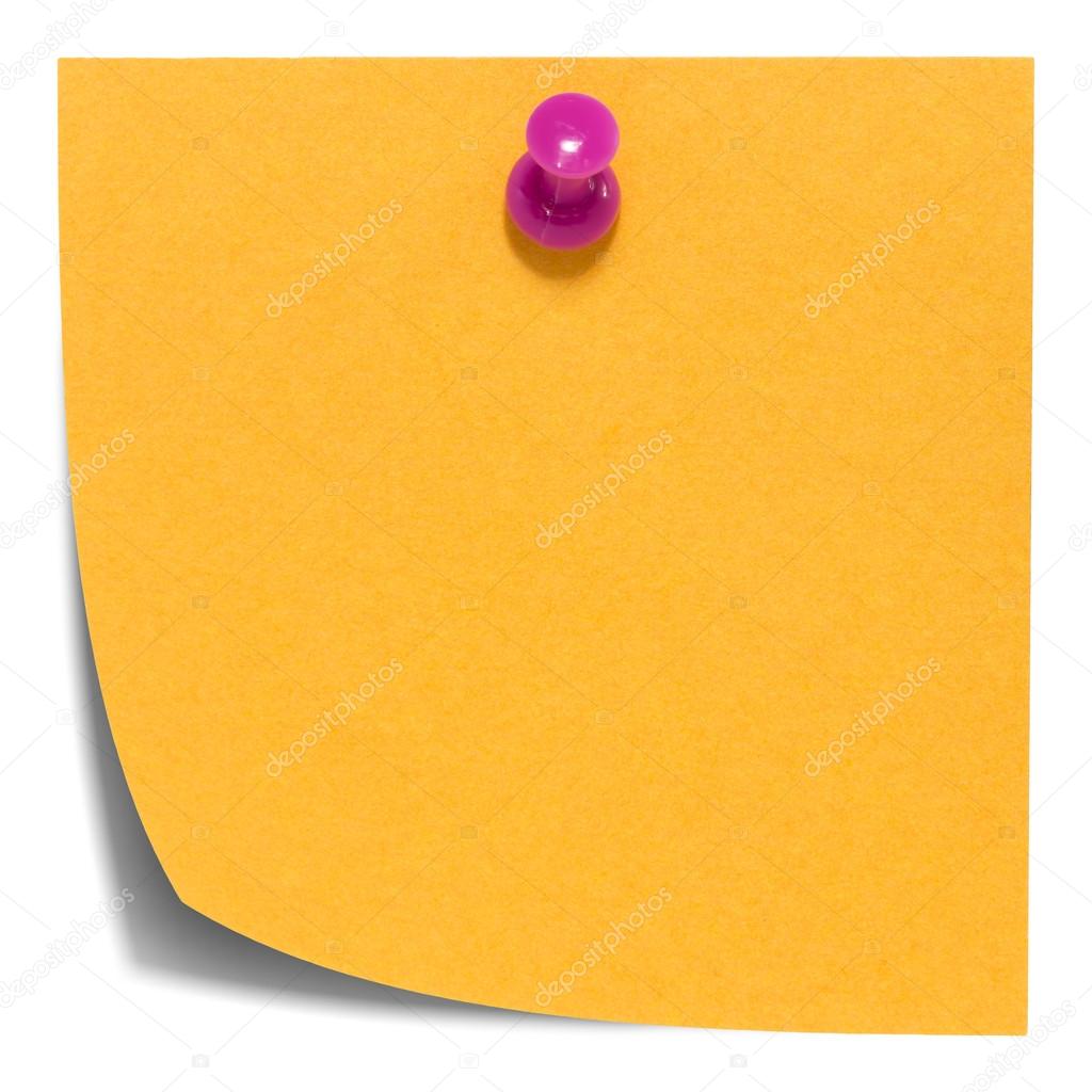 Orange square sticky note, with pink pin, isolated on white background and with shadow