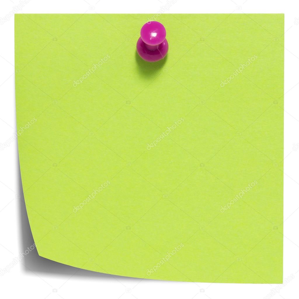Green square sticky note, with pink pin, isolated on white background and with shadow